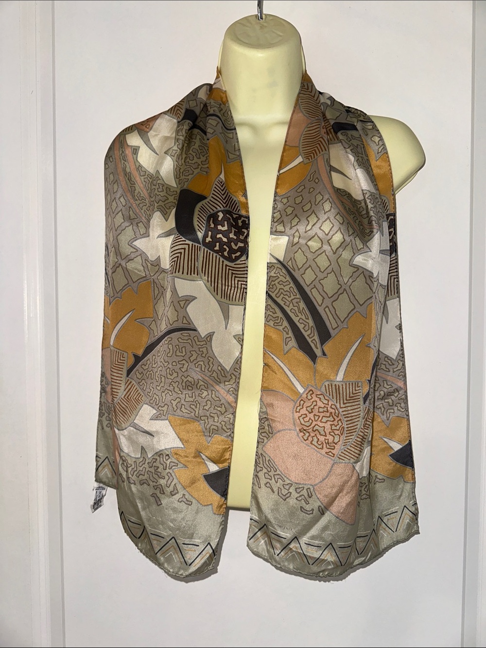 Vtg 80s Liz Claiborne Silk Scarf in Gold, Pink & Gray Abstract Floral Print